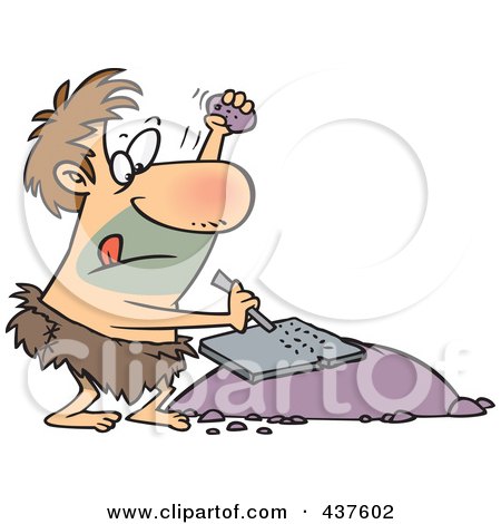 Royalty-Free (RF) Clip Art Illustration of a Prehistoric Man Chiseling A Tablet by toonaday