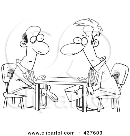 Royalty-Free (RF) Clip Art Illustration of a Black And White Outline Design Of Business Men Making A Deal Under The Table by toonaday