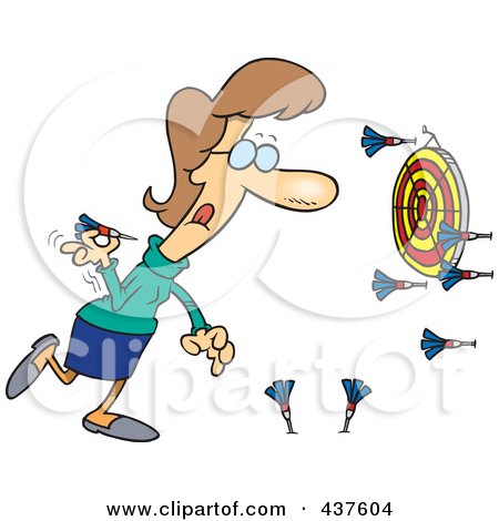 Royalty-Free (RF) Clip Art Illustration of a Cartoon Woman Missing The Target While Throwing Darts by toonaday