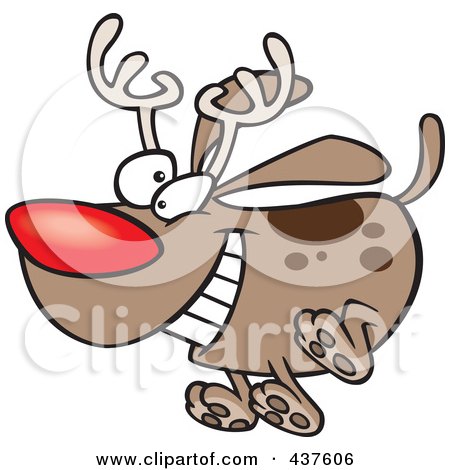 Royalty-Free (RF) Clip Art Illustration of a Red Nosed Christmas Dog Running And Wearing Antlers by toonaday