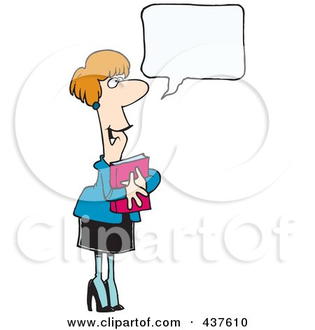 Royalty-Free (RF) Clip Art Illustration of a Cartoon Businesswoman Hugging A Book And Talking by toonaday