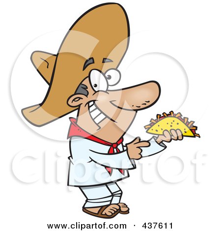Royalty-Free (RF) Clip Art Illustration of a Happy Hispanic Man Holding A Taco by toonaday