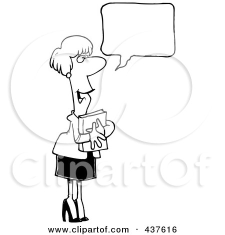 Royalty-Free (RF) Clip Art Illustration of a Black And White Outline Design Of A Businesswoman Hugging A Book And Talking by toonaday
