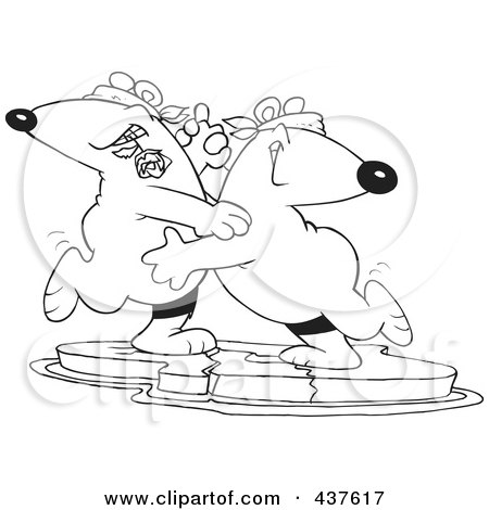 Royalty-Free (RF) Clip Art Illustration of a Black And White Outline Design Of A Romantic Polar Bear Couple Dancing The Tango On Ice by toonaday