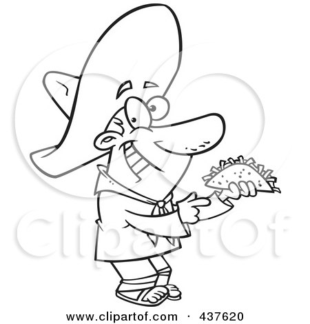 Royalty-Free (RF) Clip Art Illustration of a Black And White Outline Design Of A Happy Hispanic Man Holding A Taco by toonaday