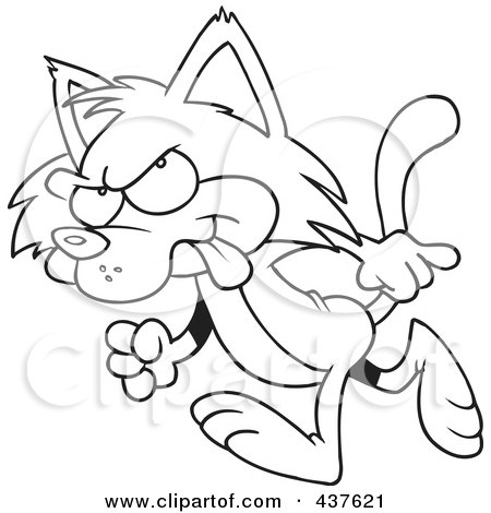 Royalty-Free (RF) Clip Art Illustration of a Black And White Outline Design Of A Mad Cat Walking by toonaday
