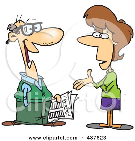 Royalty-Free (RF) Clip Art Illustration of a Cartoon Woman Talking To A Man About Classified Ads by toonaday
