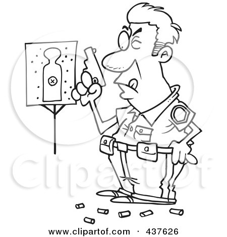 Royalty-Free (RF) Clip Art Illustration of a Black And White Outline Design Of A Police Officer In Training, Shooting At Close Range And Missing His Target by toonaday