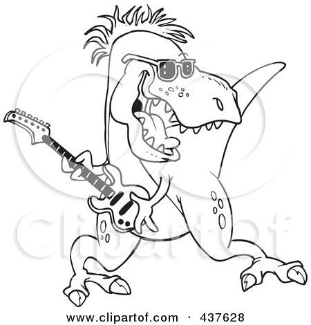 Royalty-Free (RF) Clip Art Illustration of a Black And White Outline Design Of A T-Rex Playing A Guitar by toonaday