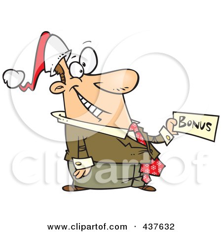 Royalty-Free (RF) Clip Art Illustration of a Happy Businessman Holding A Christmas Bonus by toonaday
