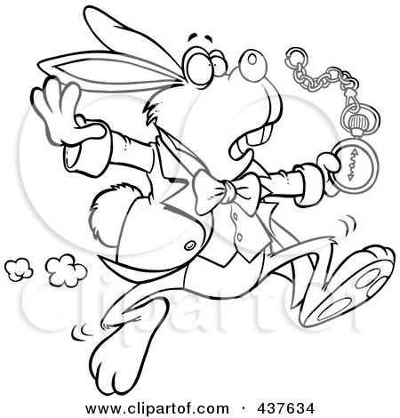 Royalty-Free (RF) Clip Art Illustration of a Black And White Outline Design Of A Tardy Rabbit Looking At His Pocket Watch While On The Run by toonaday