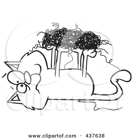 Royalty-Free (RF) Clip Art Illustration of a Black And White Outline Design Of A Cat Tangled In String by toonaday