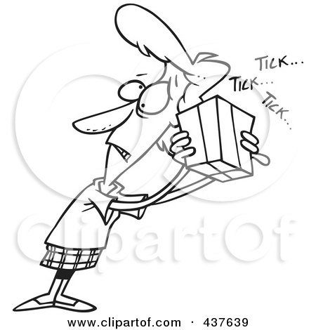 Royalty-Free (RF) Clip Art Illustration of a Black And White Outline Design Of A Stressed Woman Holding A Ticking Box by toonaday