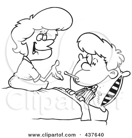Royalty-Free (RF) Clip Art Illustration of a Black And White Outline Design Of A Mother Taking Her Son's Temperature by toonaday