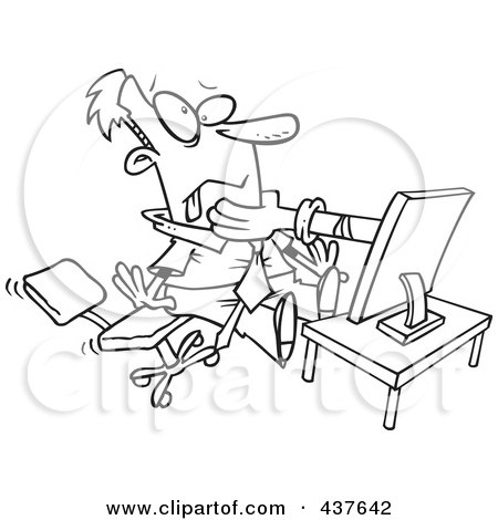 Royalty-Free (RF) Clip Art Illustration of a Black And White Outline Design Of A Hand Strangling A Businessman From A Computer Screen by toonaday