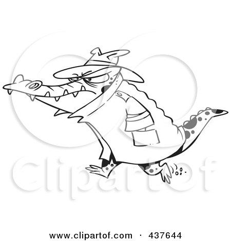 Royalty-Free (RF) Clip Art Illustration of a Black And White Outline Design Of A Thug Crocodile In A Hat And Coat by toonaday