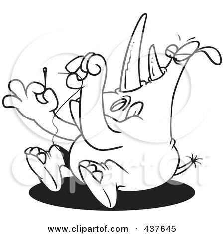 Royalty-Free (RF) Clip Art Illustration of a Black And White Outline Design Of A Rhino Threading A Needle by toonaday