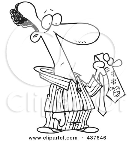 Royalty-Free (RF) Clip Art Illustration of a Black And White Outline Design Of A Black Man In His Pajamas, Holding A Christmas Tie by toonaday