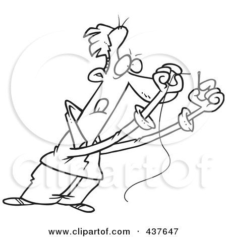 Royalty-Free (RF) Clip Art Illustration of a Black And White Outline Design Of A Man Threading A Needle by toonaday