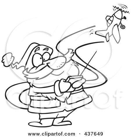 Royalty-Free (RF) Clip Art Illustration of a Black And White Outline Design Of A Santa Flying A Remote Control Plane by toonaday