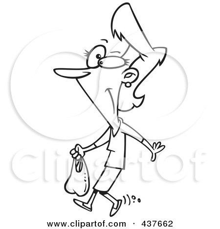 Royalty-Free (RF) Clip Art Illustration of a Black And White Outline Design Of A Thrifty Woman Carrying A Plastic Bag by toonaday