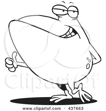 Royalty-Free (RF) Clip Art Illustration of a Black And White Outline Design Of A Big Frog Holding A Thumb Up by toonaday