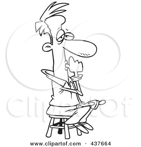 Royalty-Free (RF) Clip Art Illustration of a Black And White Outline Design Of A Businessman Sitting On A Stool And Sucking His Thumb by toonaday
