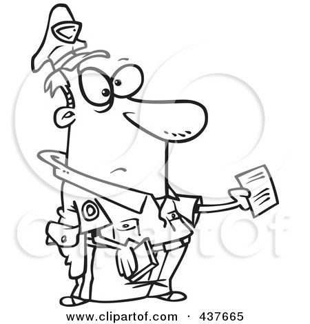 Royalty-Free (RF) Clip Art Illustration of a Black And White Outline Design Of A Cop Issuing A Ticket by toonaday