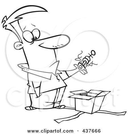 Royalty-Free (RF) Clip Art Illustration of a Black And White Outline Design Of A Man Lifting An Odd Thing Out Of A Gift Box by toonaday