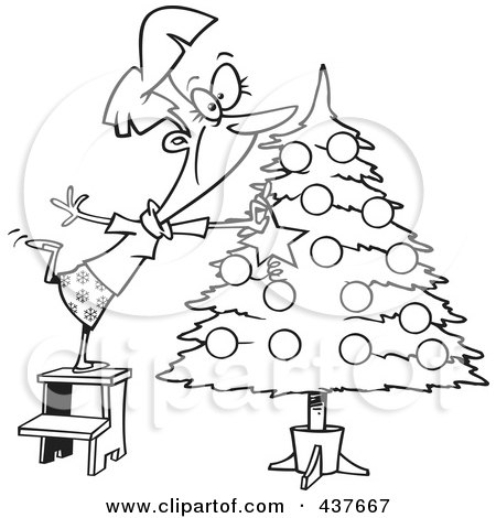 Royalty-Free (RF) Clip Art Illustration of a Black And White Outline Design Of A Happy Lady Decorating A Christmas Tree by toonaday