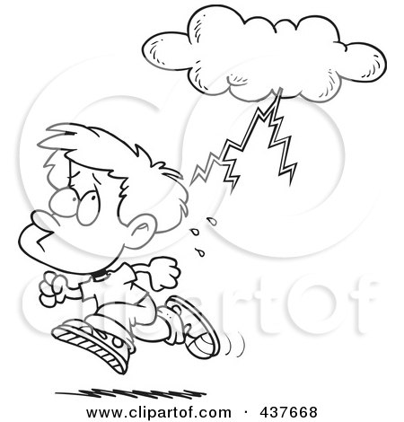 Royalty-Free (RF) Clip Art Illustration of a Black And White Outline Design Of A Boy Running From Lightning by toonaday
