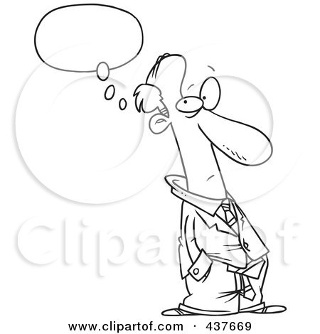 Royalty-Free (RF) Clip Art Illustration of a Black And White Outline Design Of A Businessman Thinking With His Hands In His Pockets by toonaday