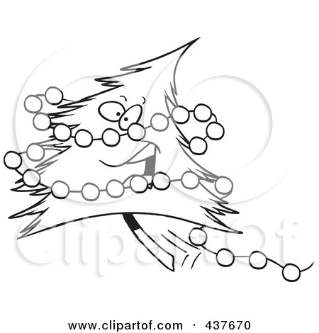 Royalty-Free (RF) Clip Art Illustration of a Black And White Outline Design Of A Happy Christmas Tree With Baubles by toonaday