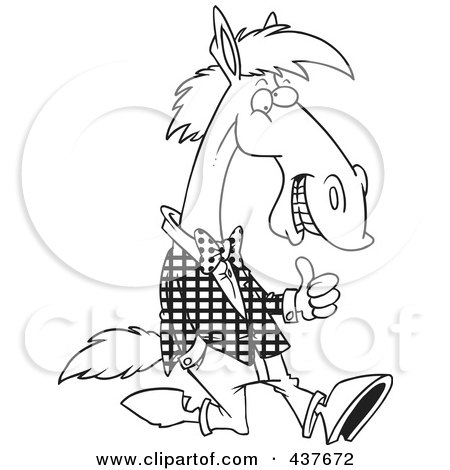 Royalty-Free (RF) Clip Art Illustration of a Black And White Outline Design Of A Horse Walking Upright In Clothes And Holding A Thumb Up by toonaday