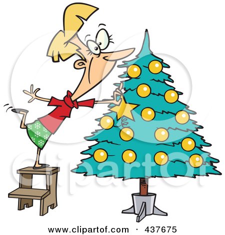 Royalty-Free (RF) Clip Art Illustration of a Blond Lady Decorating A Christmas Tree by toonaday