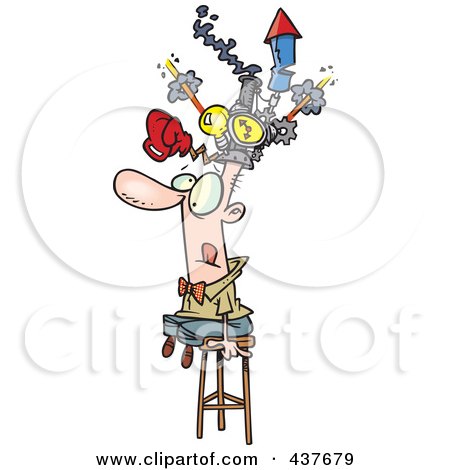 Royalty-Free (RF) Clip Art Illustration of a Cartoon Man Sitting On A Stool And Wearing A Thinking Cap by toonaday