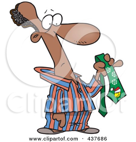 Royalty-Free (RF) Clip Art Illustration of a Cartoon Black Man In His Pajamas, Holding A Christmas Tie by toonaday