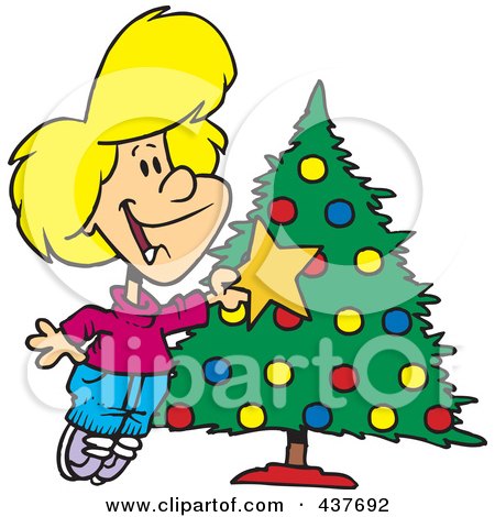 Royalty-Free (RF) Clip Art Illustration of a Caucasian Girl Decorating A Christmas Tree by toonaday