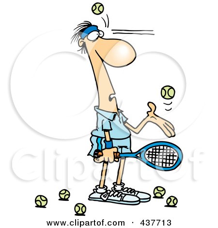 Royalty-Free (RF) Clip Art Illustration of a Cartoon Male Tennis Player Being Hit In The Face With Ball After Ball by toonaday