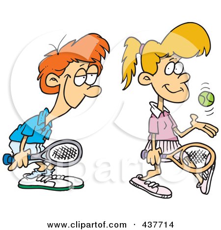 Royalty-Free (RF) Clip Art Illustration of a Love Struck Boy Following Around A Female Tennis Player by toonaday
