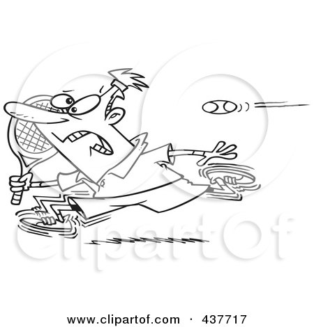 Royalty-Free (RF) Clip Art Illustration of a Black And White Outline Design Of A Male Tennis Player Running From The Ball by toonaday