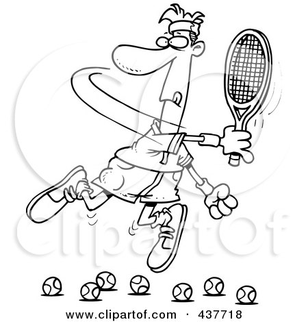 Royalty-Free (RF) Clip Art Illustration of a Black And White Outline Design Of A Male Tennis Player Trying To Hit Balls by toonaday