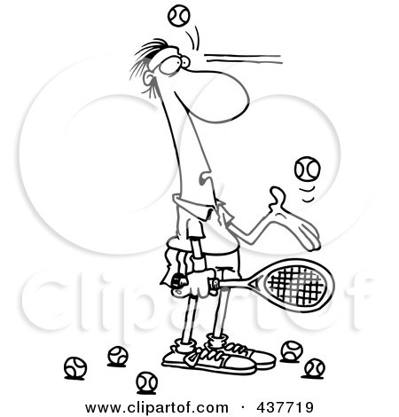 Royalty-Free (RF) Clip Art Illustration of a Black And White Outline Design Of A Male Tennis Player Being Hit In The Face With Ball After Ball by toonaday