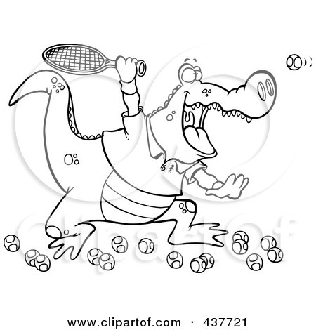 Royalty-Free (RF) Clip Art Illustration of a Black And White Outline Design Of An Alligator Playing Tennis by toonaday