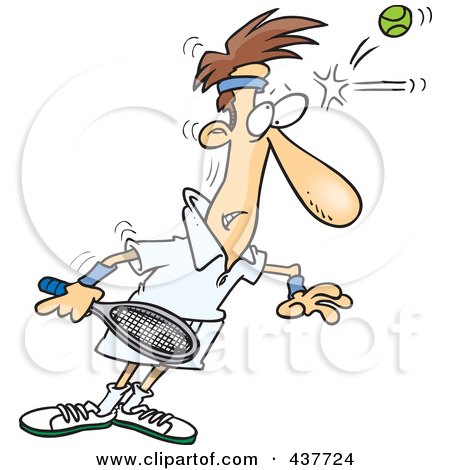 Royalty-Free (RF) Clip Art Illustration of a Cartoon Male Tennis Player Being Smacked On The Forehead With A Ball by toonaday