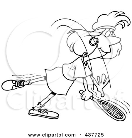 Royalty-Free (RF) Clip Art Illustration of a Black And White Outline Design Of A Woman Swinging Her Tennis Racket by toonaday