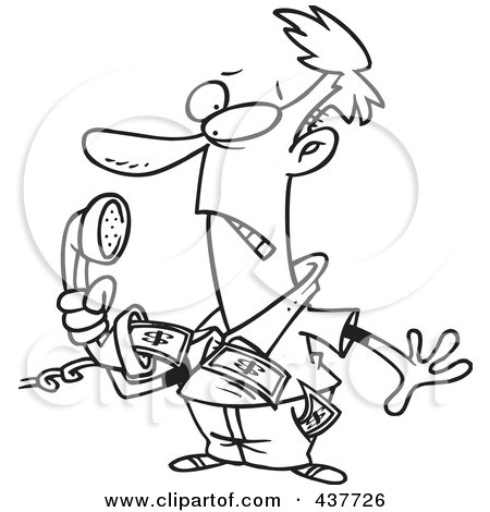Royalty-Free (RF) Clip Art Illustration of a Black And White Outline Design Of An Annoyed Man Holding A Phone With Telemarket Money Flying Out by toonaday
