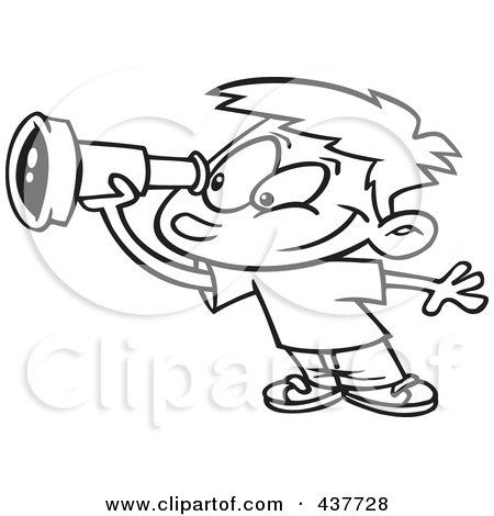 Royalty-Free (RF) Clip Art Illustration of a Black And White Outline Design Of A Smiling Boy Using A Telescope by toonaday
