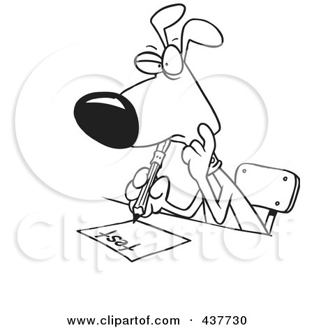 Royalty-Free (RF) Clip Art Illustration of a Black And White Outline Design Of A School Dog Taking A Test by toonaday