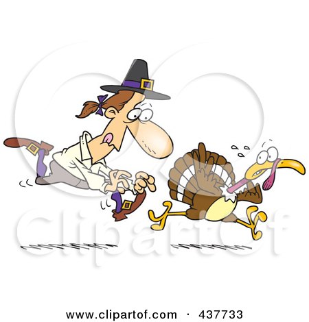 Royalty-Free (RF) Clip Art Illustration of a Cartoon Pilgrim Chasing A Turkey Bird by toonaday